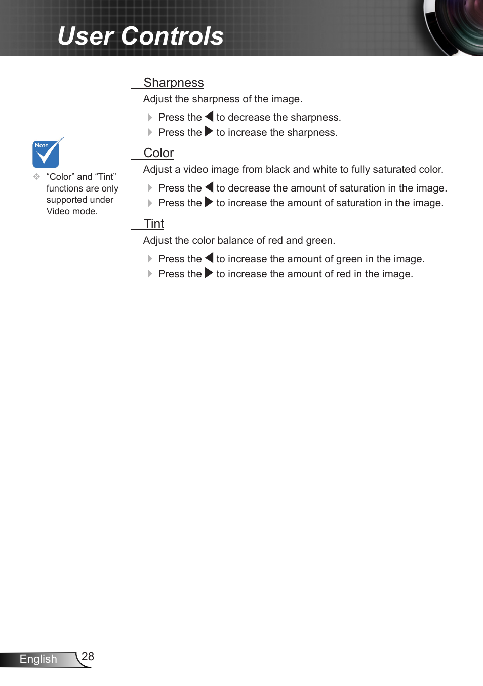 User controls | Optoma EX400 User Manual | Page 28 / 83