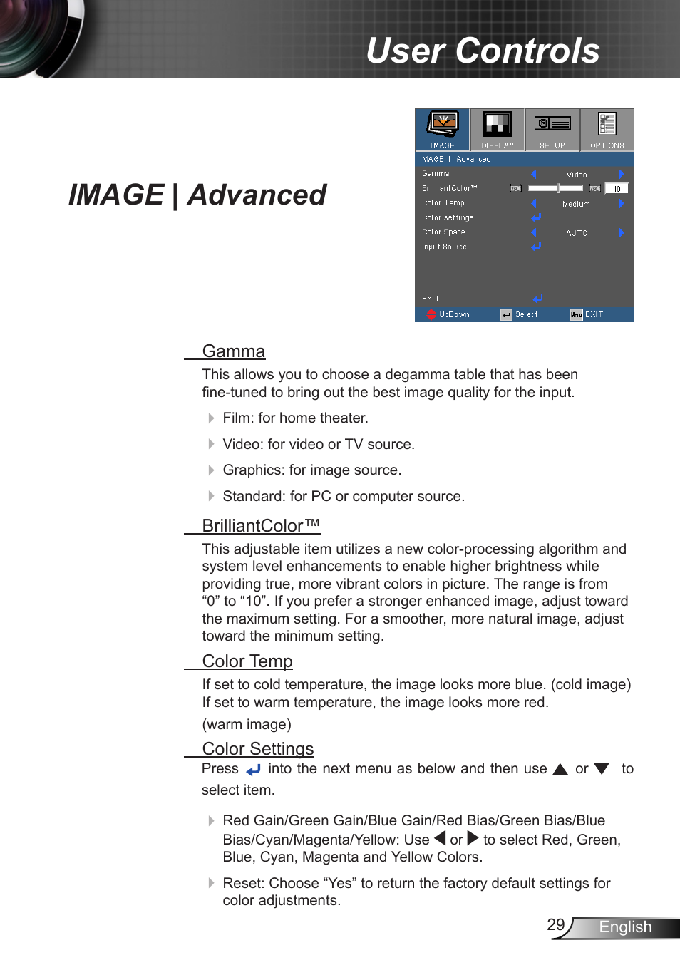Image | advanced, User controls | Optoma EX400 User Manual | Page 29 / 83