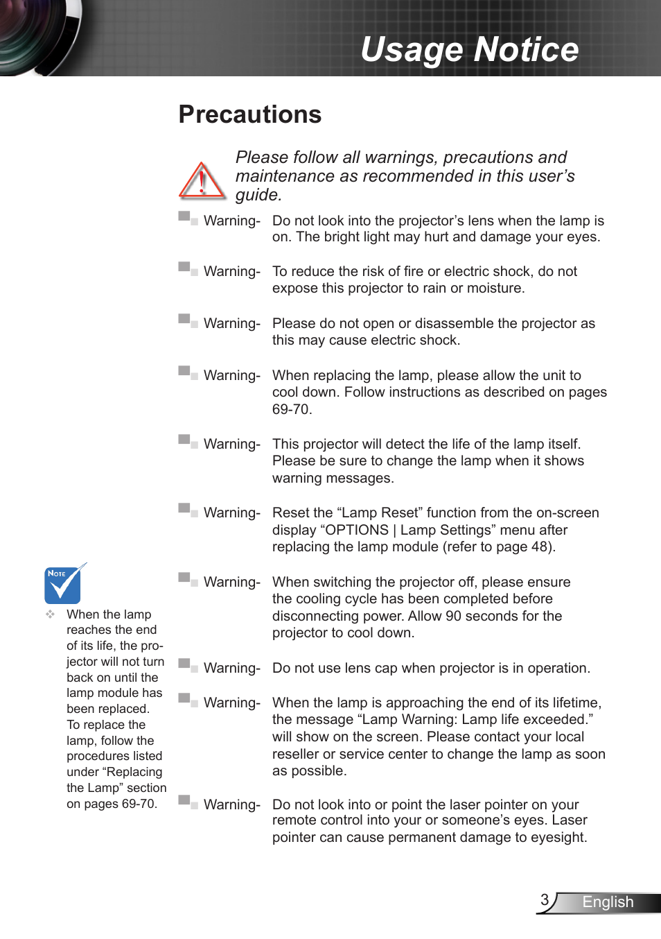 Precautions, Usage notice | Optoma EX400 User Manual | Page 3 / 83