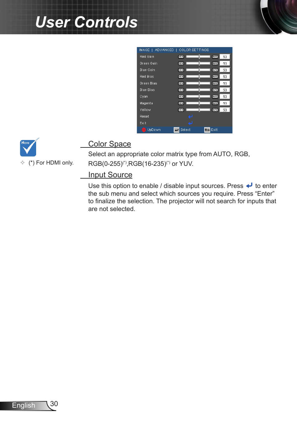 User controls | Optoma EX400 User Manual | Page 30 / 83
