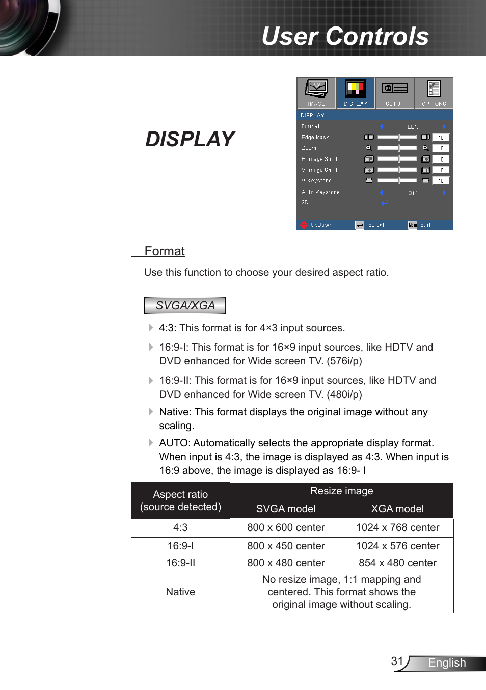 Display, User controls | Optoma EX400 User Manual | Page 31 / 83
