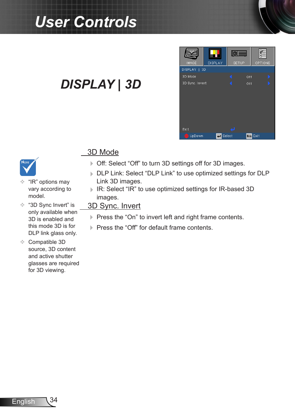 Display | 3d, User controls | Optoma EX400 User Manual | Page 34 / 83