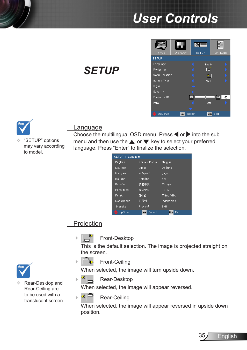 Setup, User controls | Optoma EX400 User Manual | Page 35 / 83