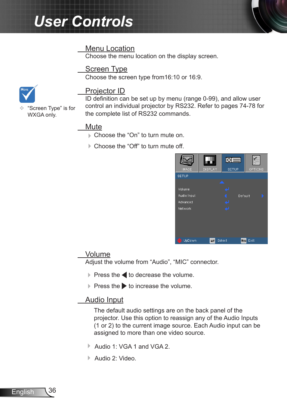 User controls | Optoma EX400 User Manual | Page 36 / 83