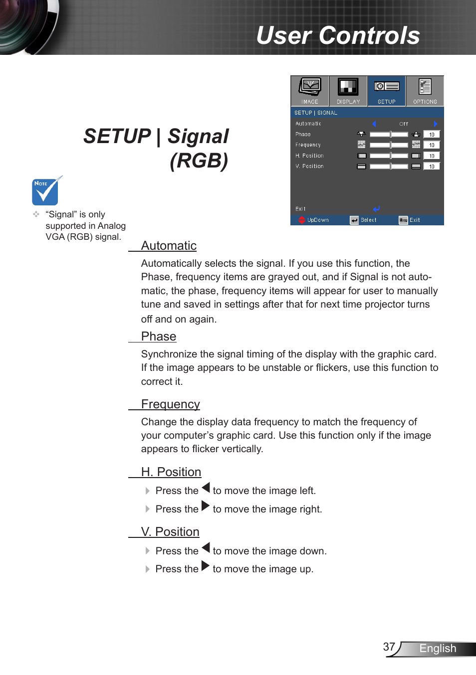 Setup | signal (rgb), User controls | Optoma EX400 User Manual | Page 37 / 83