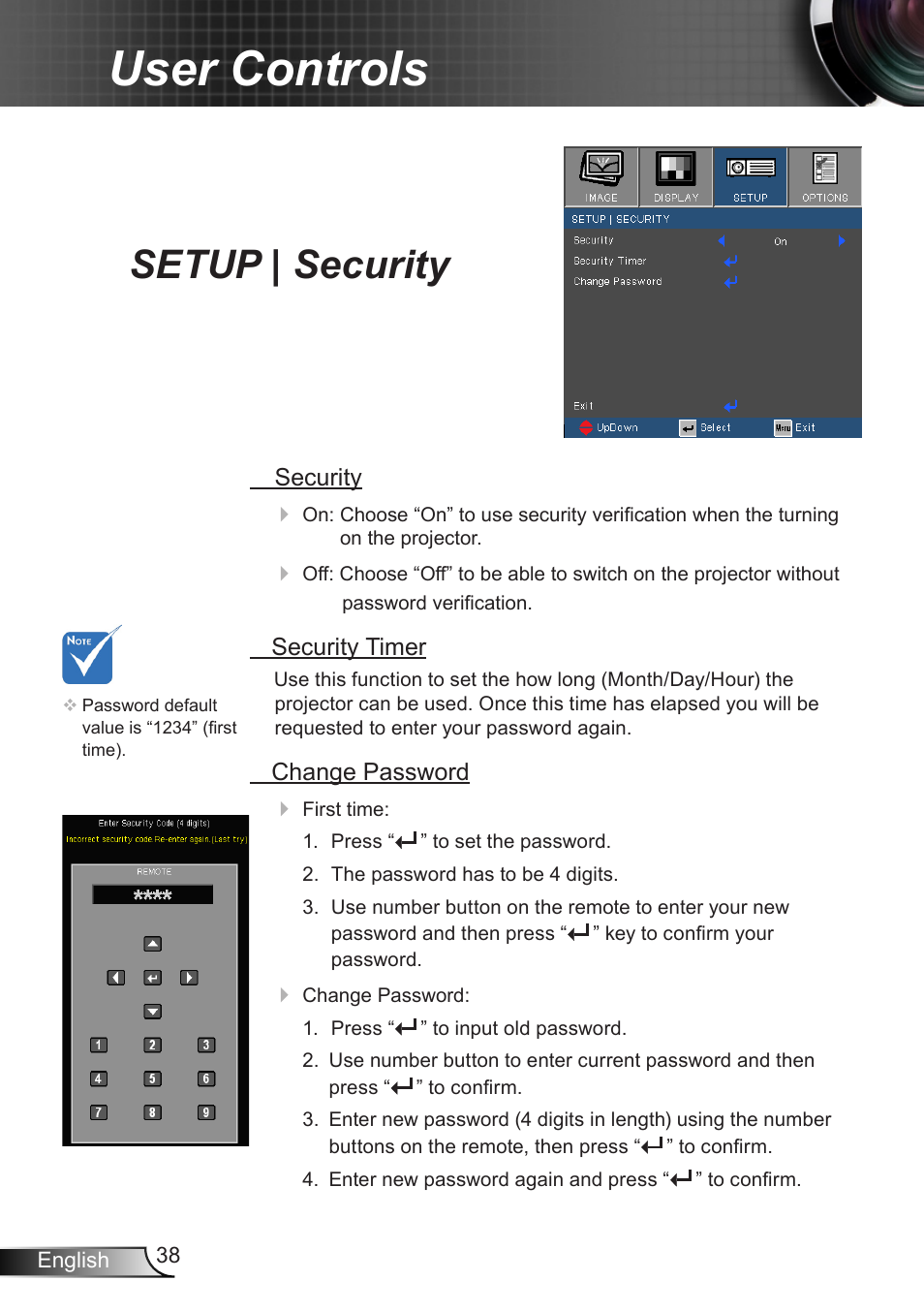 Setup | security, User controls | Optoma EX400 User Manual | Page 38 / 83