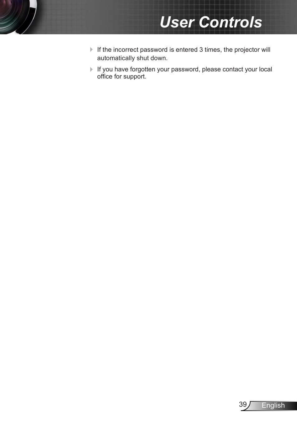 User controls | Optoma EX400 User Manual | Page 39 / 83