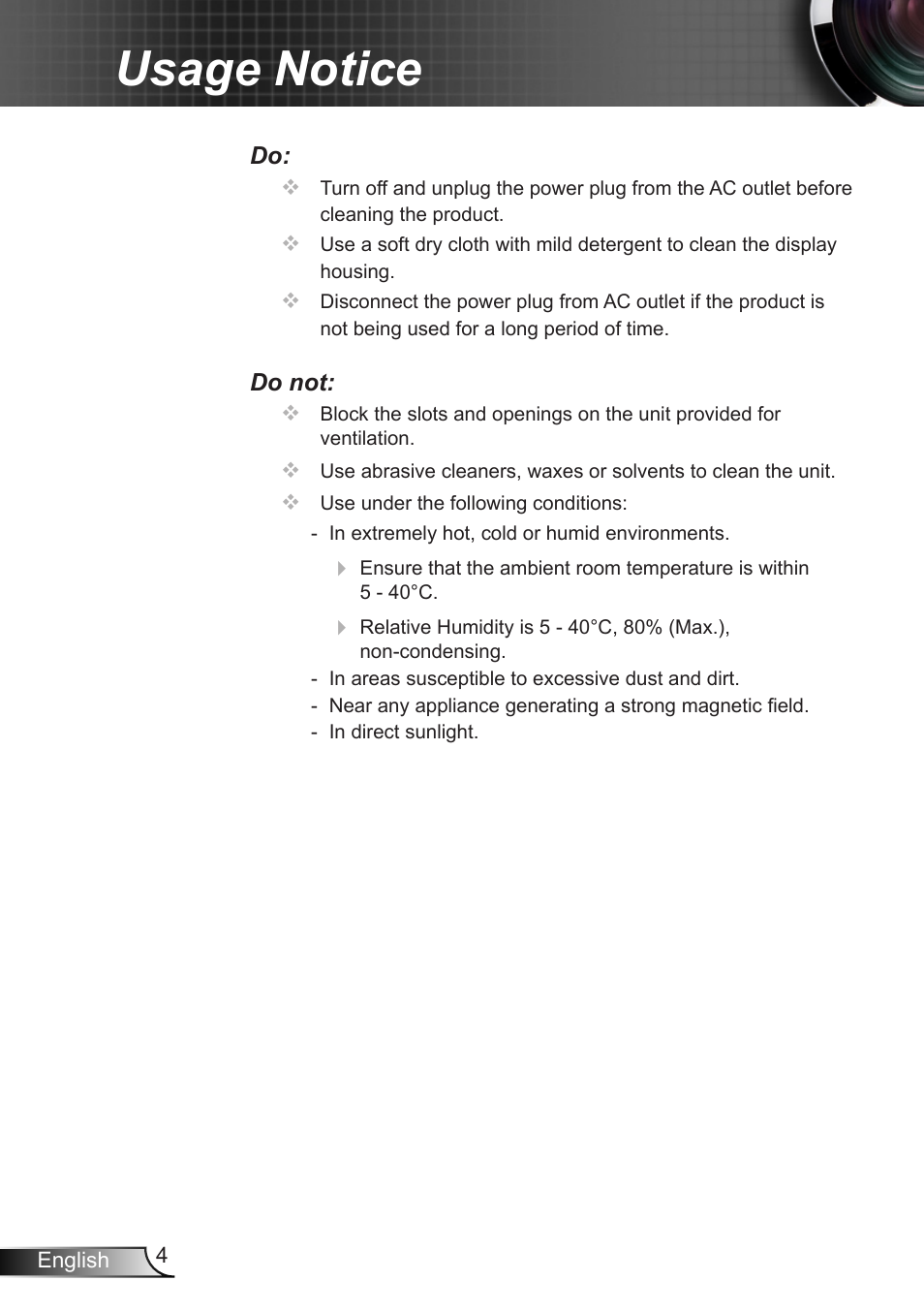 Usage notice | Optoma EX400 User Manual | Page 4 / 83