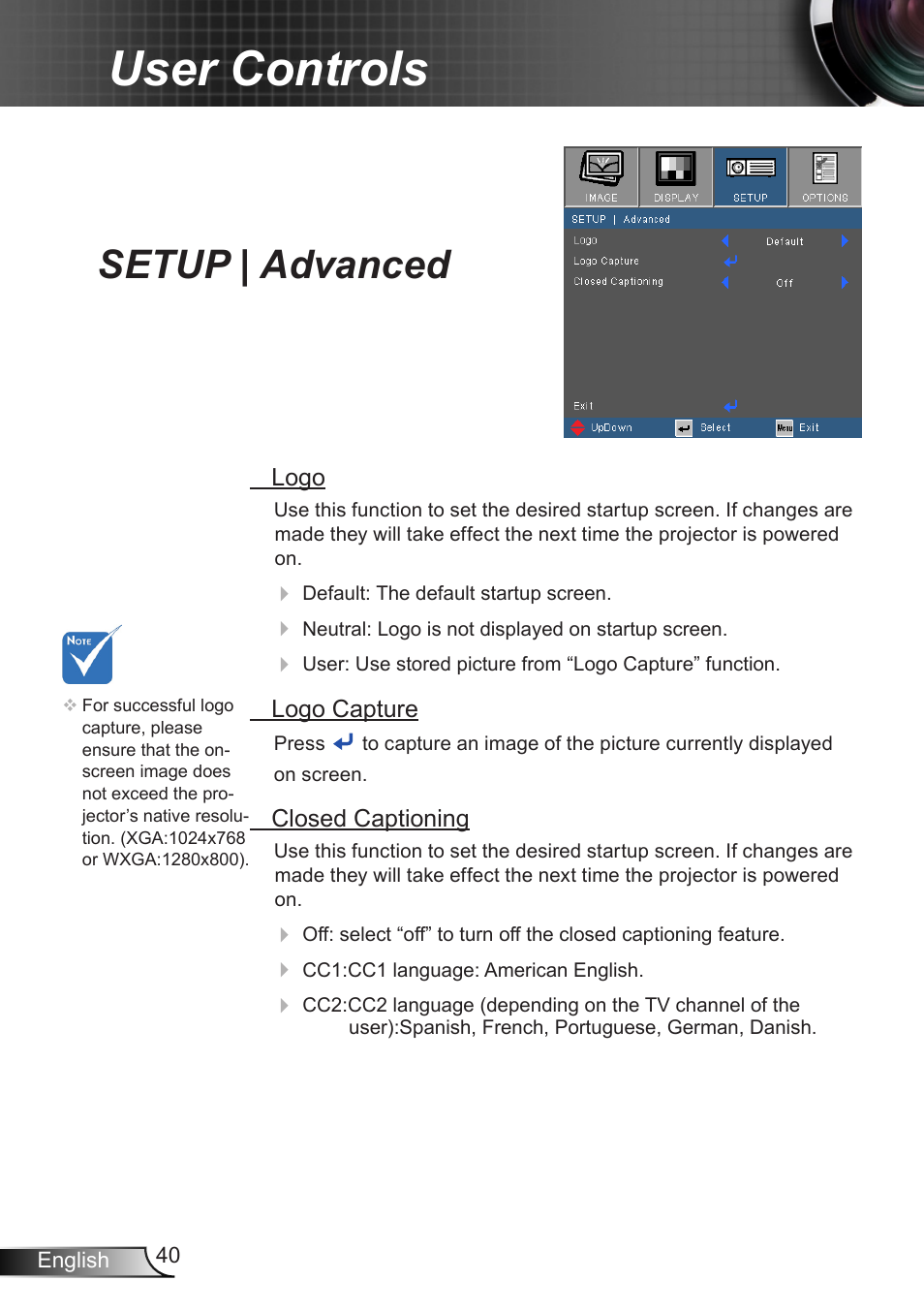 Setup | advanced, User controls | Optoma EX400 User Manual | Page 40 / 83