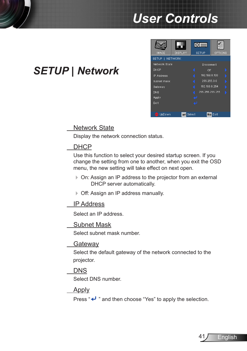 Setup | network, User controls | Optoma EX400 User Manual | Page 41 / 83
