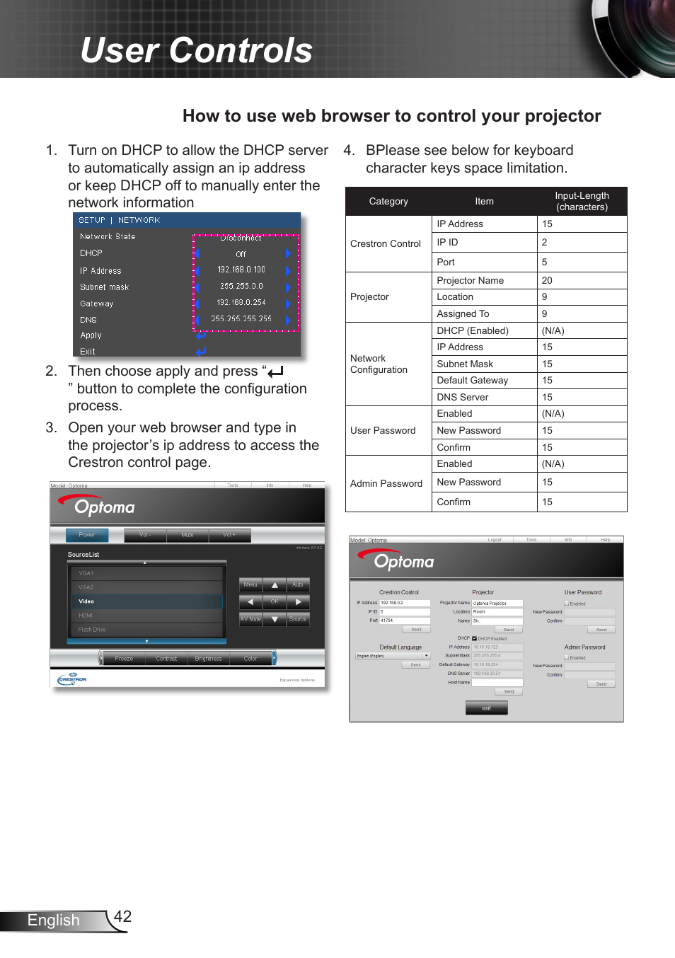 User controls, How to use web browser to control your projector, 42 english | Optoma EX400 User Manual | Page 42 / 83