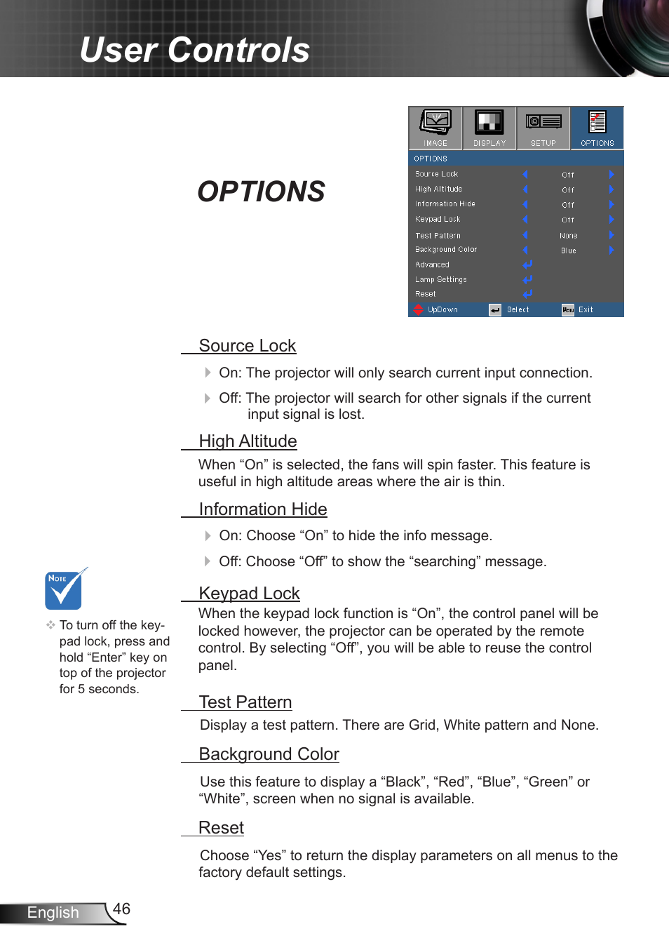 Options, User controls | Optoma EX400 User Manual | Page 46 / 83