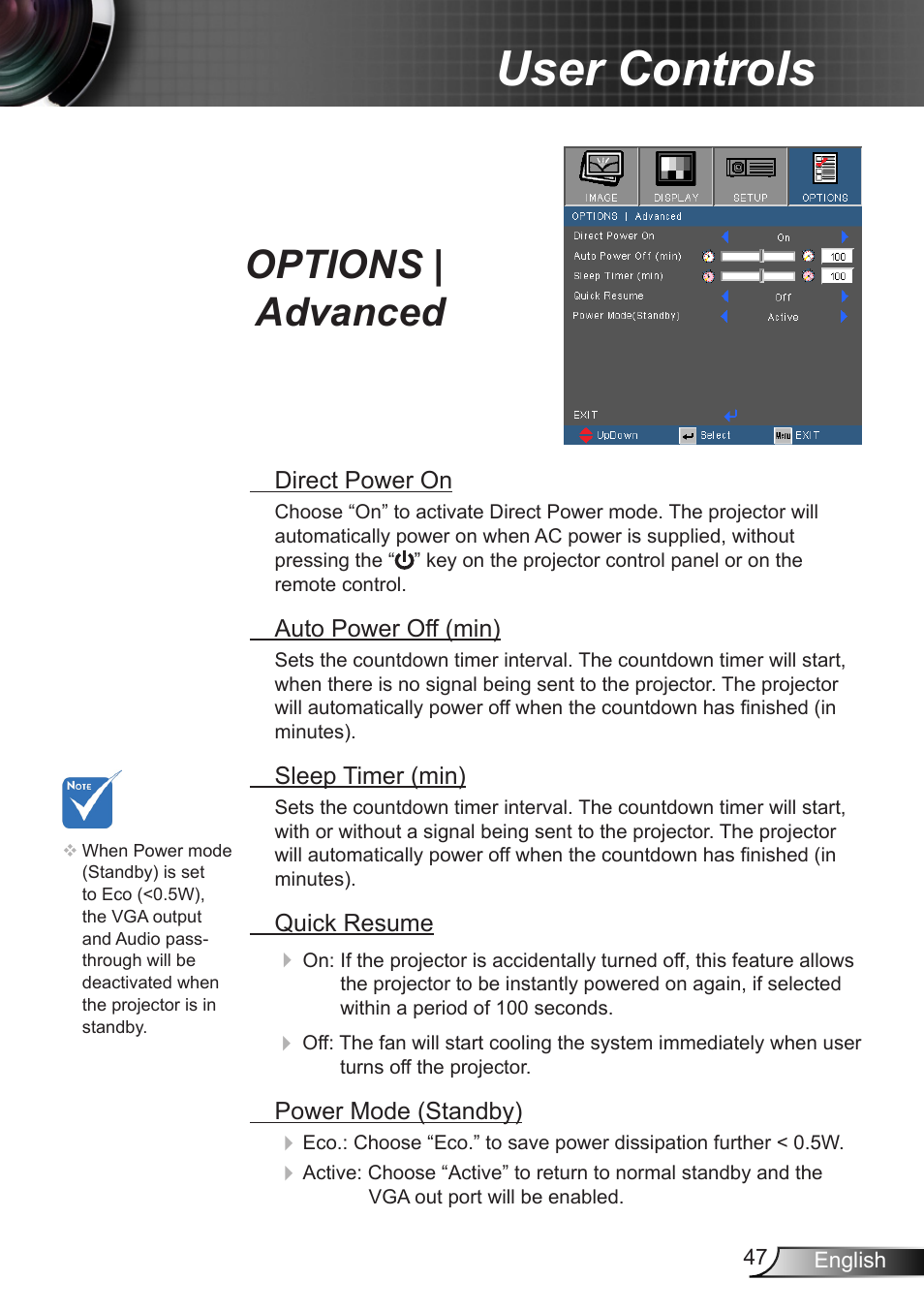 Options | advanced, User controls | Optoma EX400 User Manual | Page 47 / 83