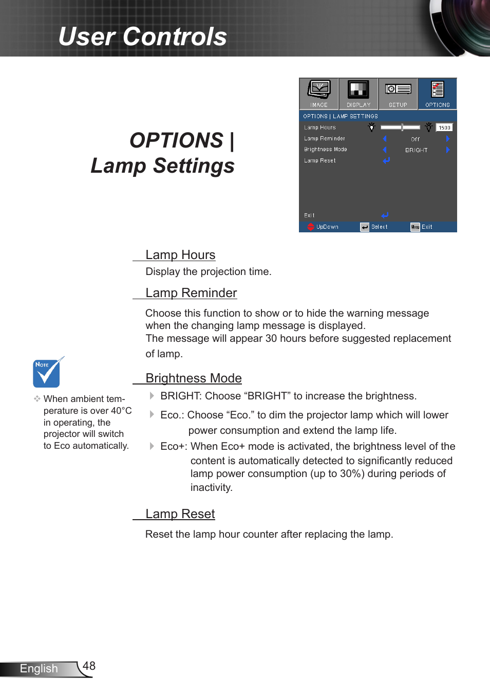 Options | lamp settings, User controls | Optoma EX400 User Manual | Page 48 / 83
