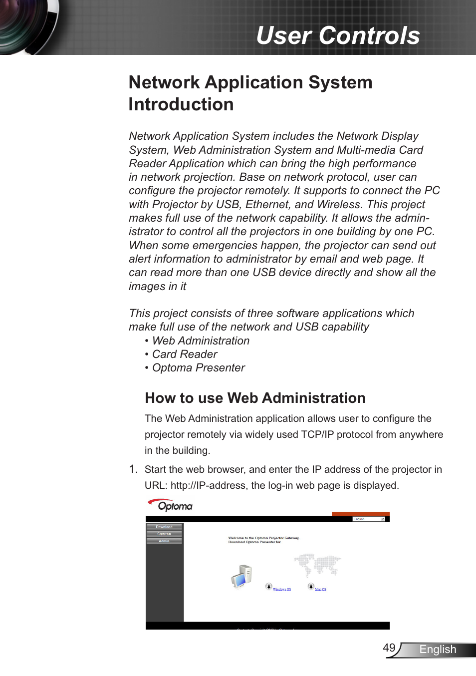Network application system introduction, How to use web control, Network application system | Introduction, How to use web administration, User controls | Optoma EX400 User Manual | Page 49 / 83