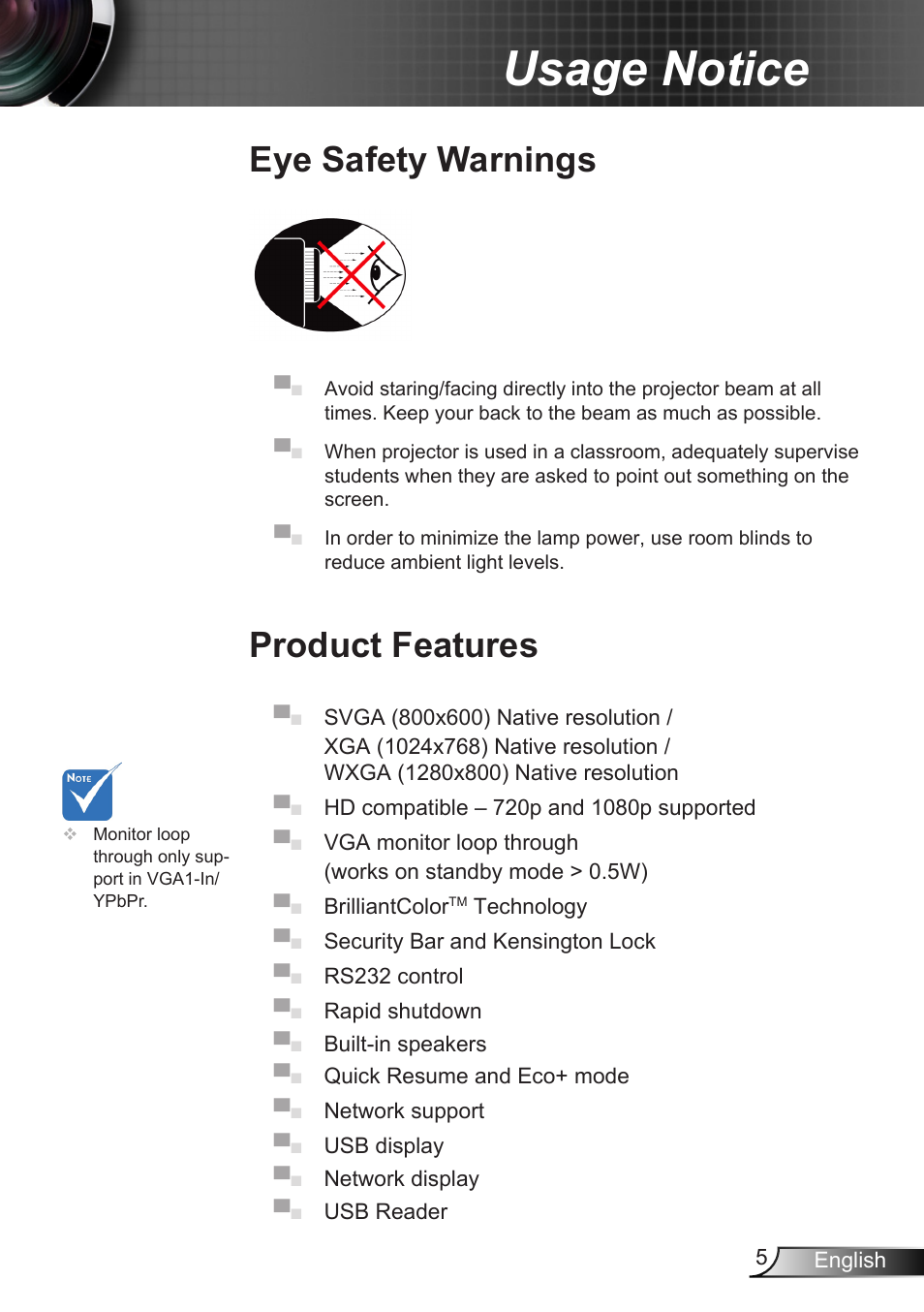 Eye safety warnings, Product features, Eye safety warnings product features | Usage notice | Optoma EX400 User Manual | Page 5 / 83