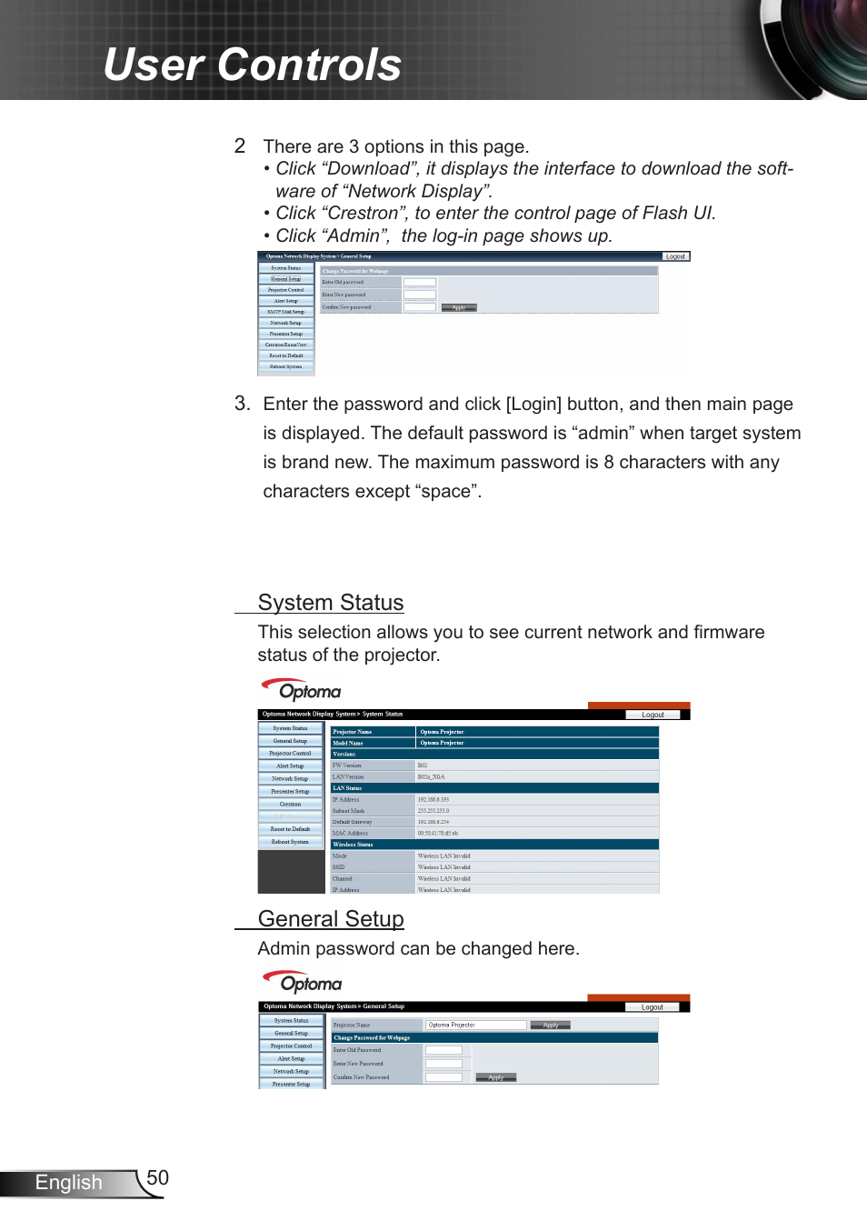User controls | Optoma EX400 User Manual | Page 50 / 83