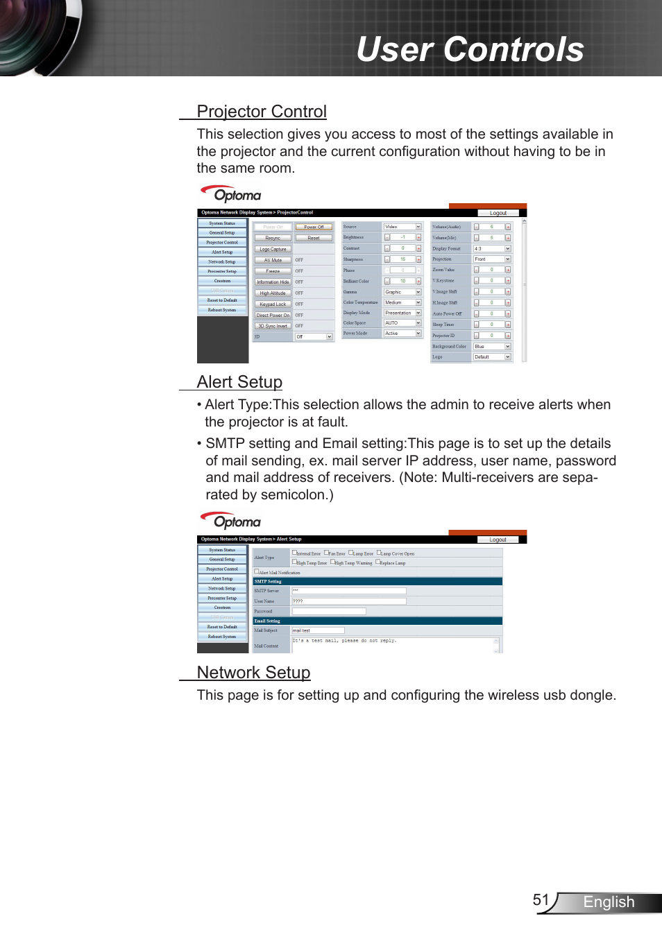 User controls | Optoma EX400 User Manual | Page 51 / 83