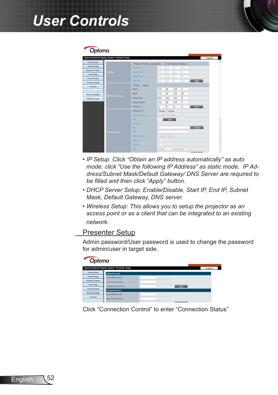 User controls | Optoma EX400 User Manual | Page 52 / 83