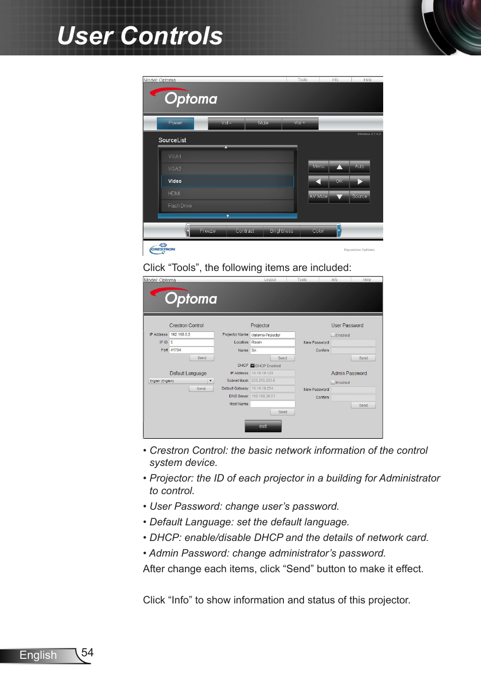 User controls | Optoma EX400 User Manual | Page 54 / 83
