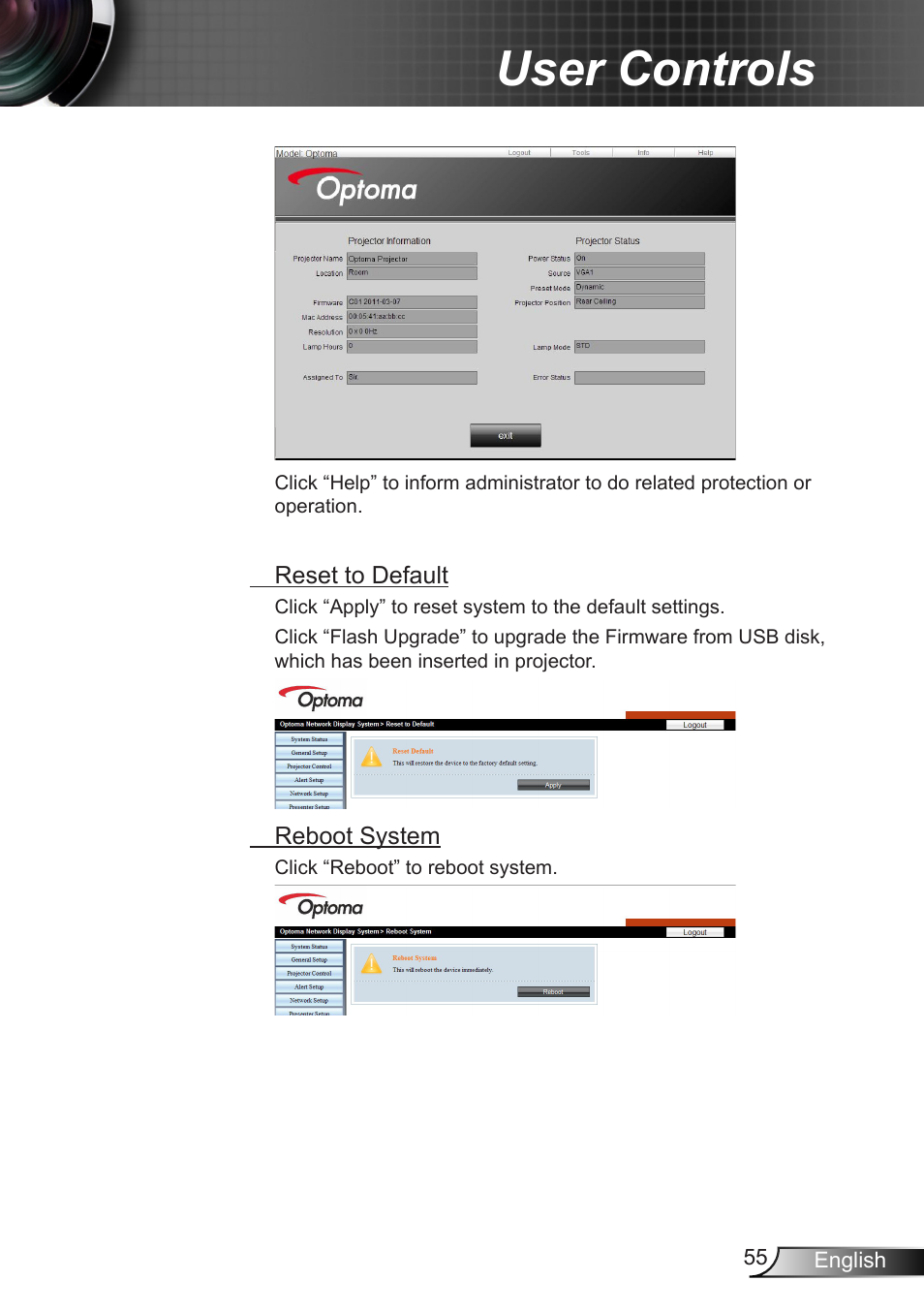 User controls | Optoma EX400 User Manual | Page 55 / 83