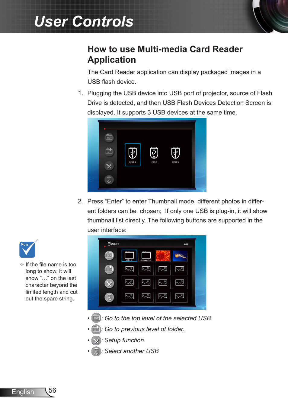How to use multi-media card reader application, How to use multi-media card reader, Application | User controls | Optoma EX400 User Manual | Page 56 / 83