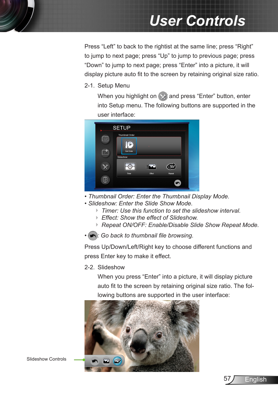 User controls | Optoma EX400 User Manual | Page 57 / 83