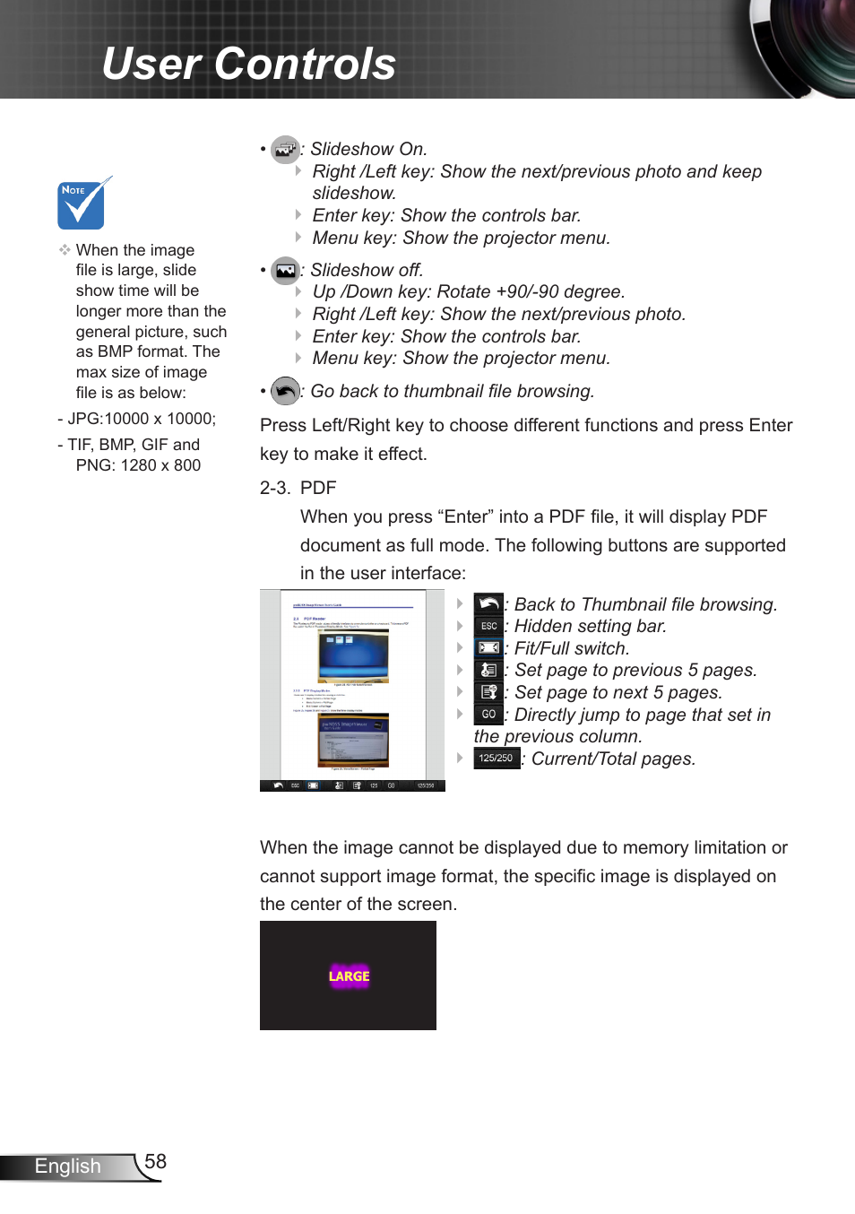 User controls | Optoma EX400 User Manual | Page 58 / 83