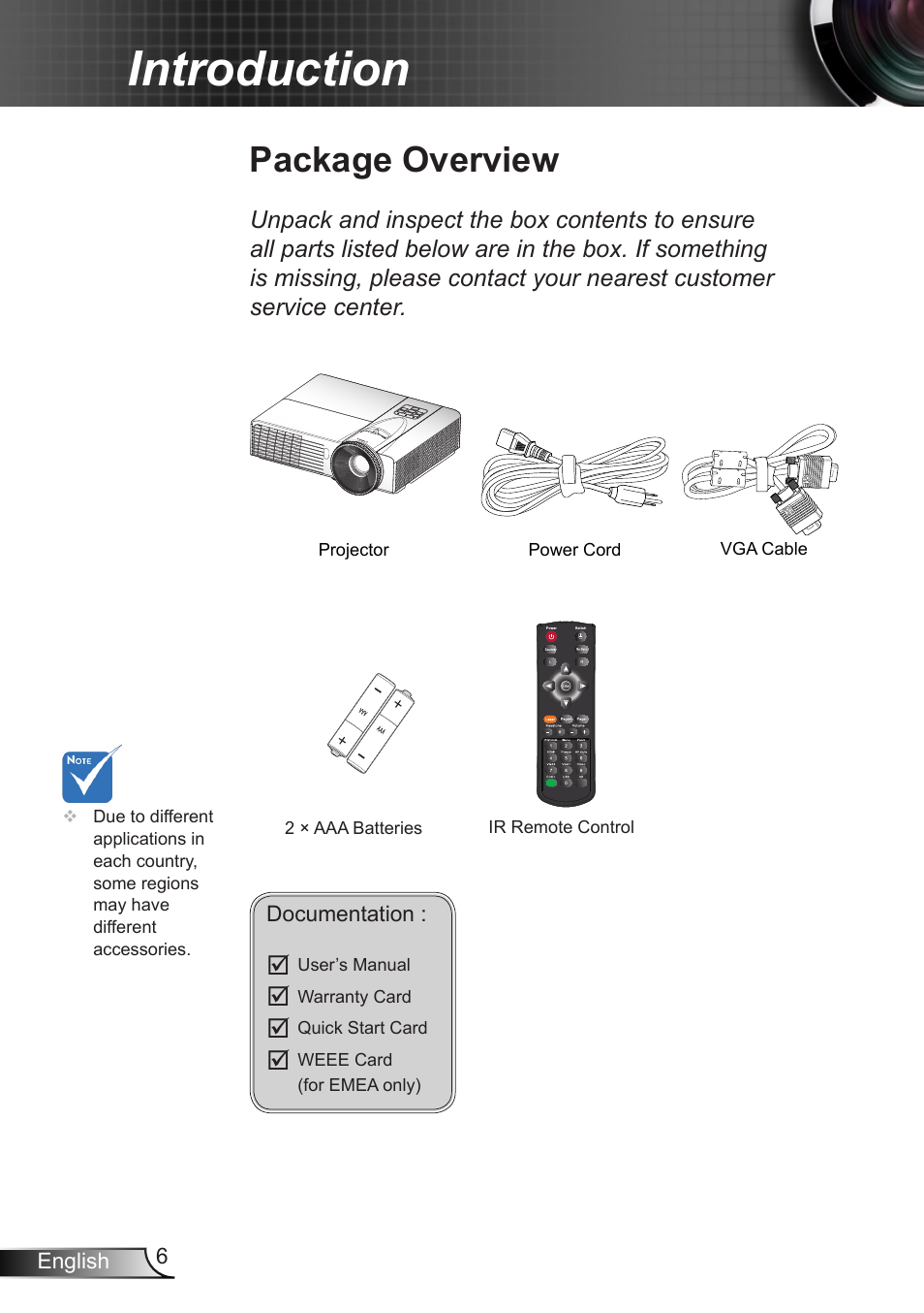Introduction, Package overview | Optoma EX400 User Manual | Page 6 / 83