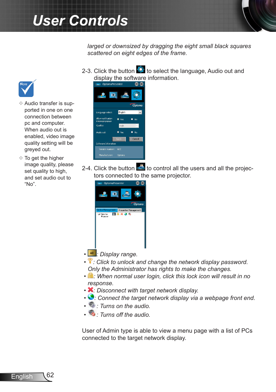 User controls | Optoma EX400 User Manual | Page 62 / 83