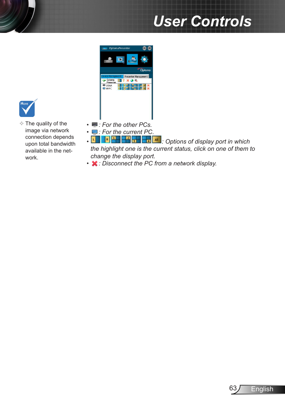 User controls | Optoma EX400 User Manual | Page 63 / 83