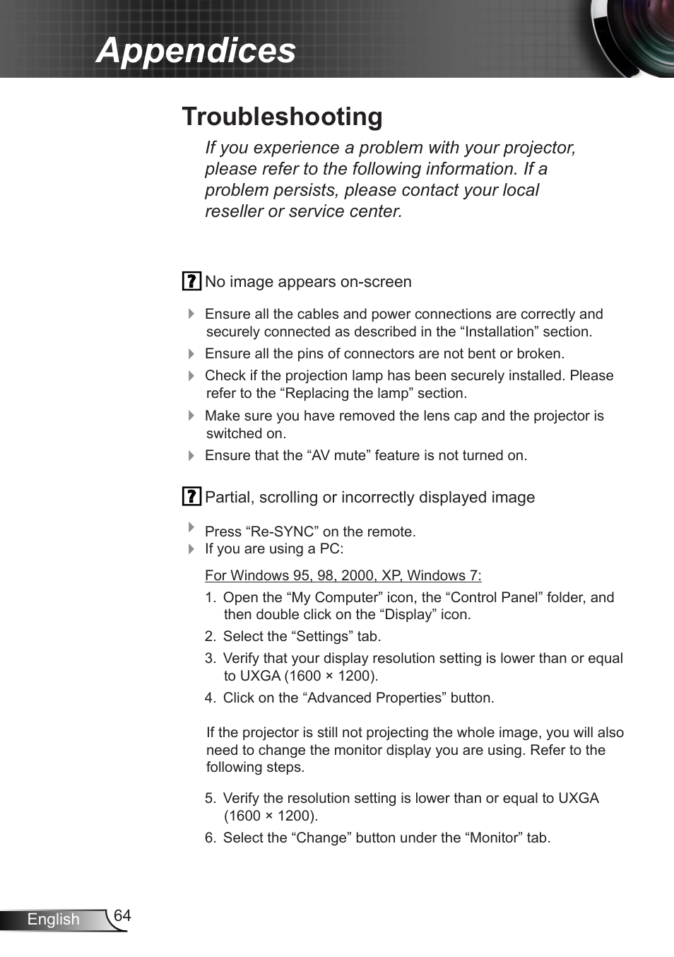 Appendices, Troubleshooting | Optoma EX400 User Manual | Page 64 / 83