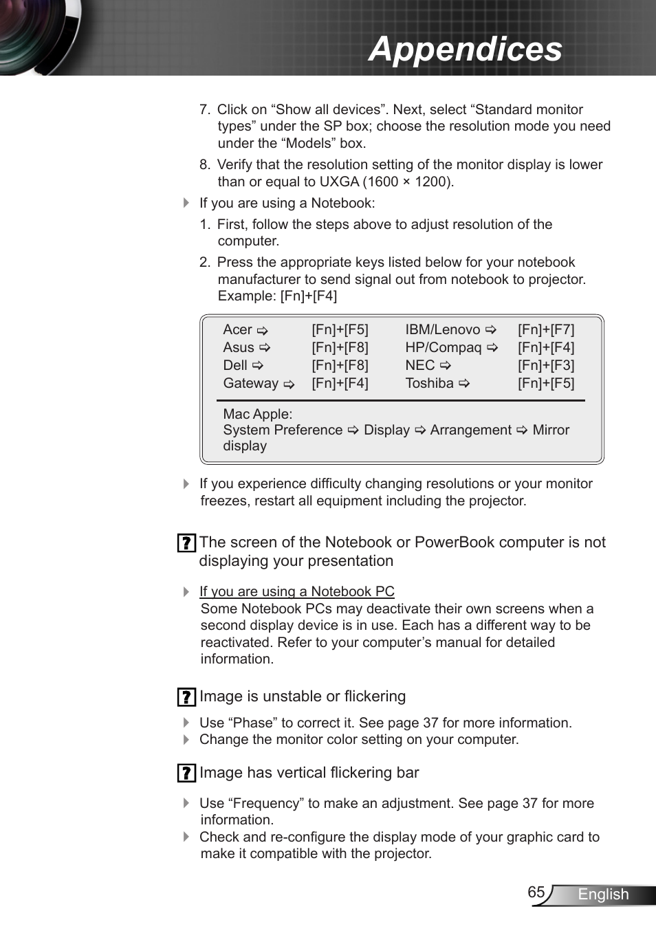 Appendices | Optoma EX400 User Manual | Page 65 / 83