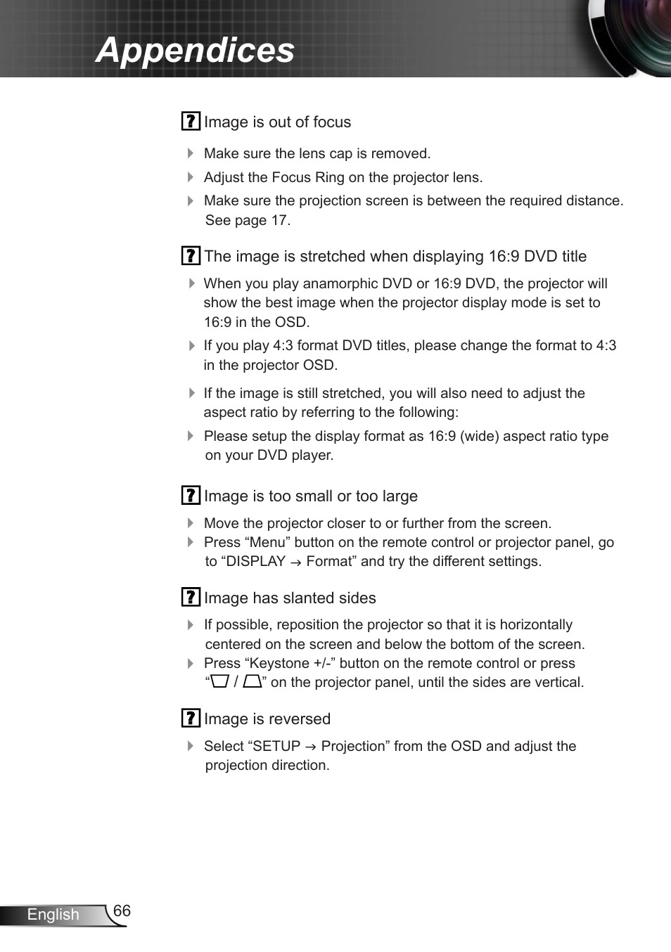 Appendices | Optoma EX400 User Manual | Page 66 / 83