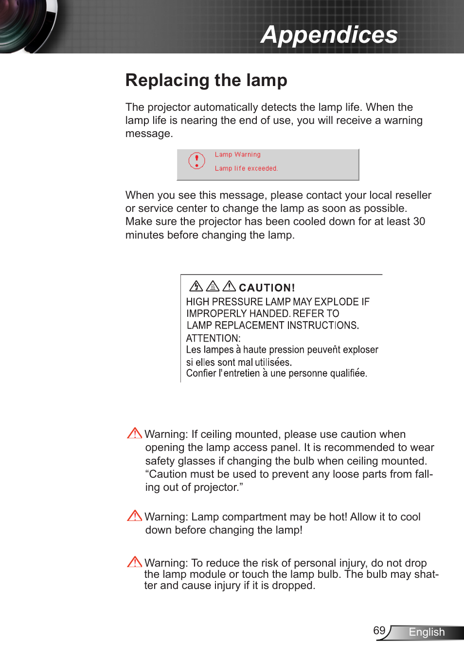 Replacing the lamp, Appendices | Optoma EX400 User Manual | Page 69 / 83