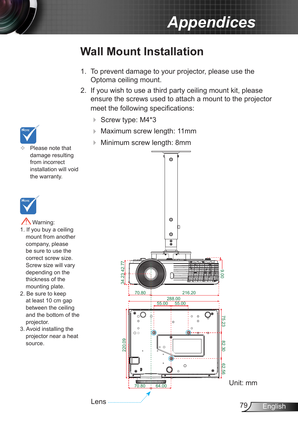 Wall mount installation, Appendices | Optoma EX400 User Manual | Page 79 / 83