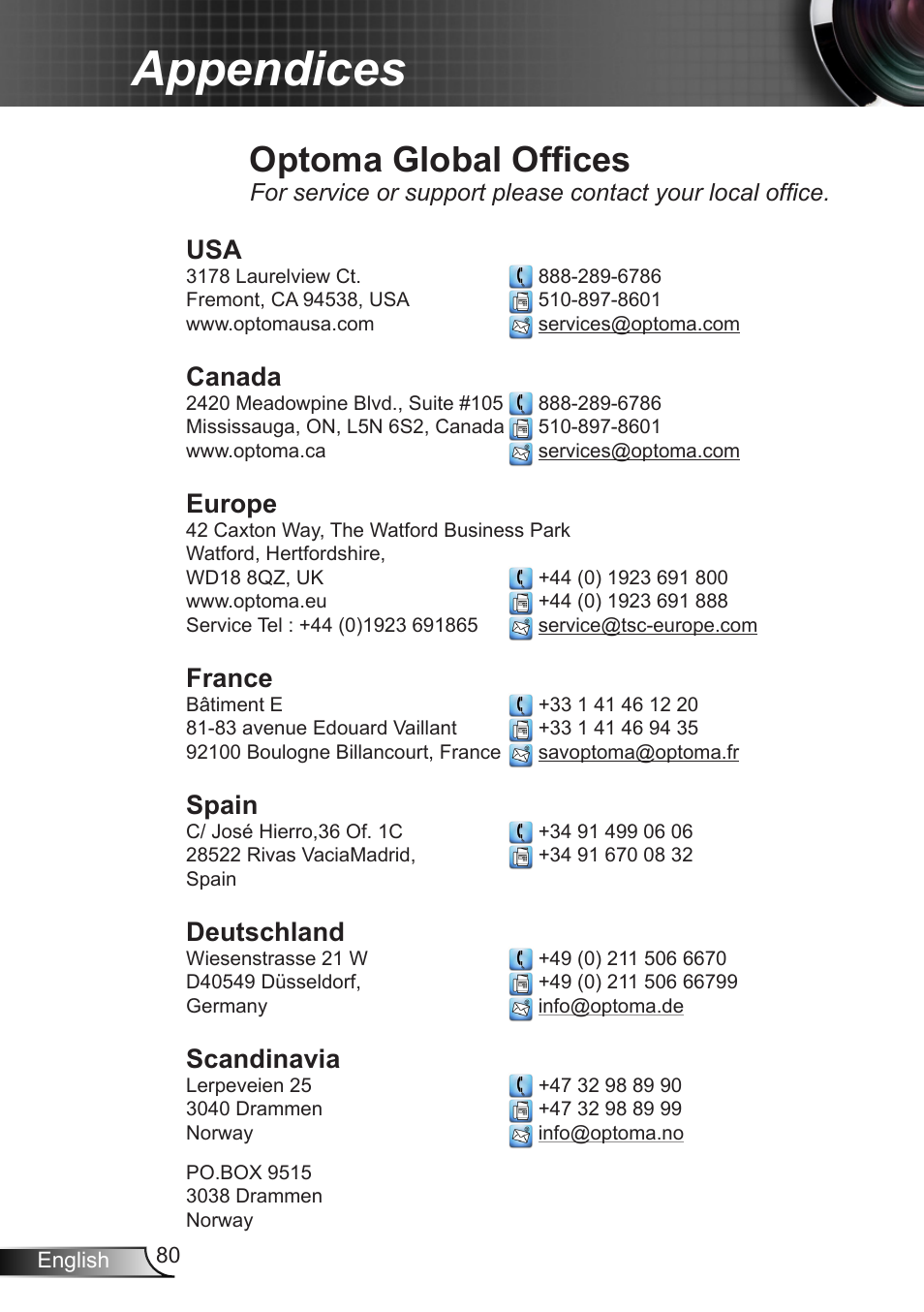 Optoma global offices, Appendices, Canada | Europe, France, Spain, Deutschland, Scandinavia | Optoma EX400 User Manual | Page 80 / 83
