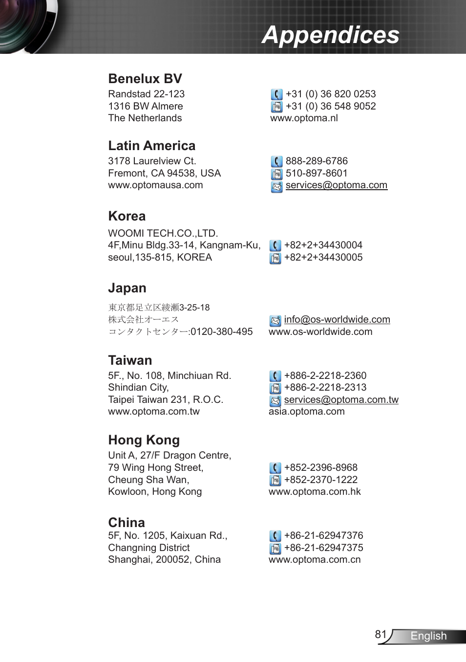 Appendices, Benelux bv, Latin america | Korea, Japan, Taiwan, Hong kong, China | Optoma EX400 User Manual | Page 81 / 83