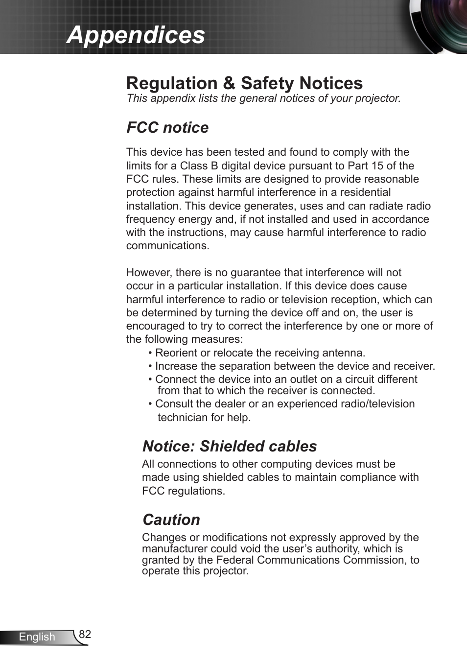 Regulation & safety notices, Appendices, Fcc notice | Notice: shielded cables, Caution | Optoma EX400 User Manual | Page 82 / 83