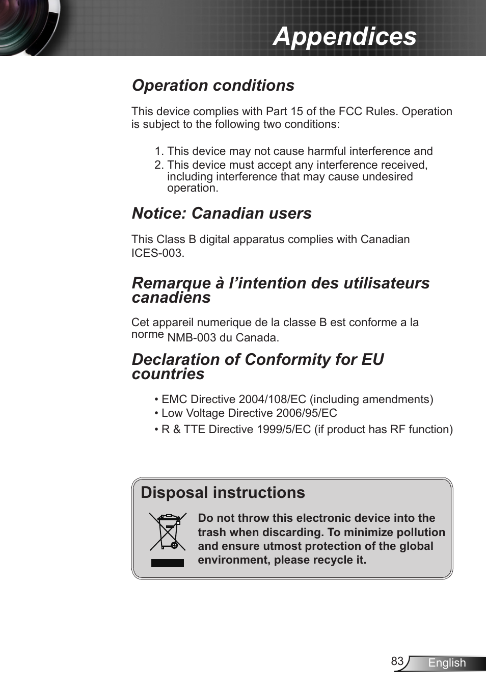 Appendices, Disposal instructions, Operation conditions | Notice: canadian users, Remarque à l’intention des utilisateurs canadiens, Declaration of conformity for eu countries | Optoma EX400 User Manual | Page 83 / 83