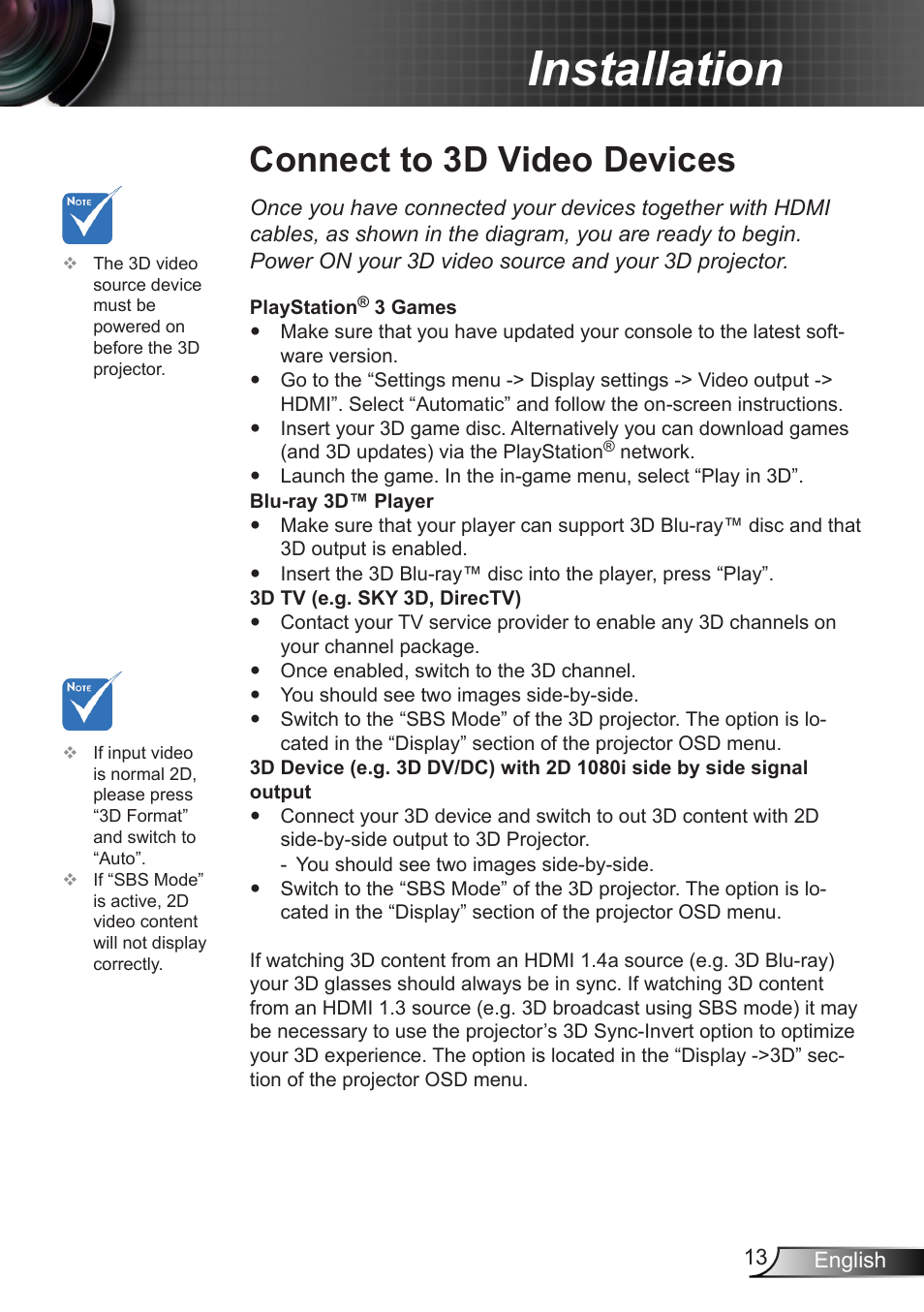 Connect to 3d video devices, Installation | Optoma X402 User Manual | Page 13 / 79