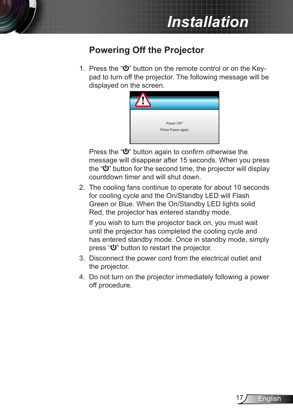 Powering off the projector, Installation | Optoma X402 User Manual | Page 17 / 79