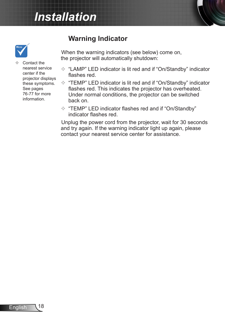 Warning indicator, Installation | Optoma X402 User Manual | Page 18 / 79