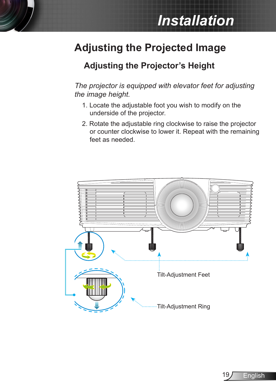Adjusting the projected image, Adjusting the projector’s height, Installation | Optoma X402 User Manual | Page 19 / 79