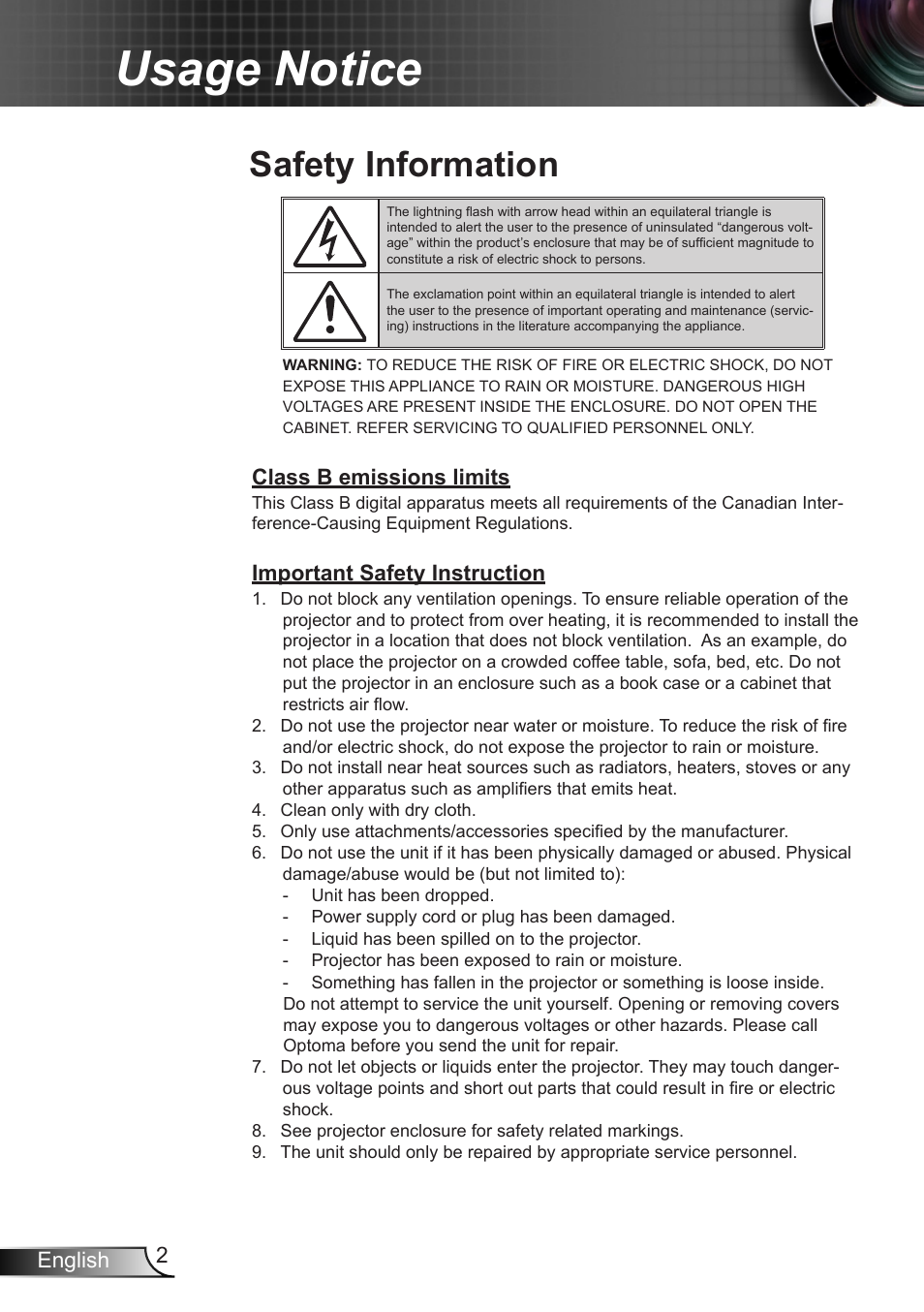 Usage notice, Safety information, 2english | Class b emissions limits, Important safety instruction | Optoma X402 User Manual | Page 2 / 79