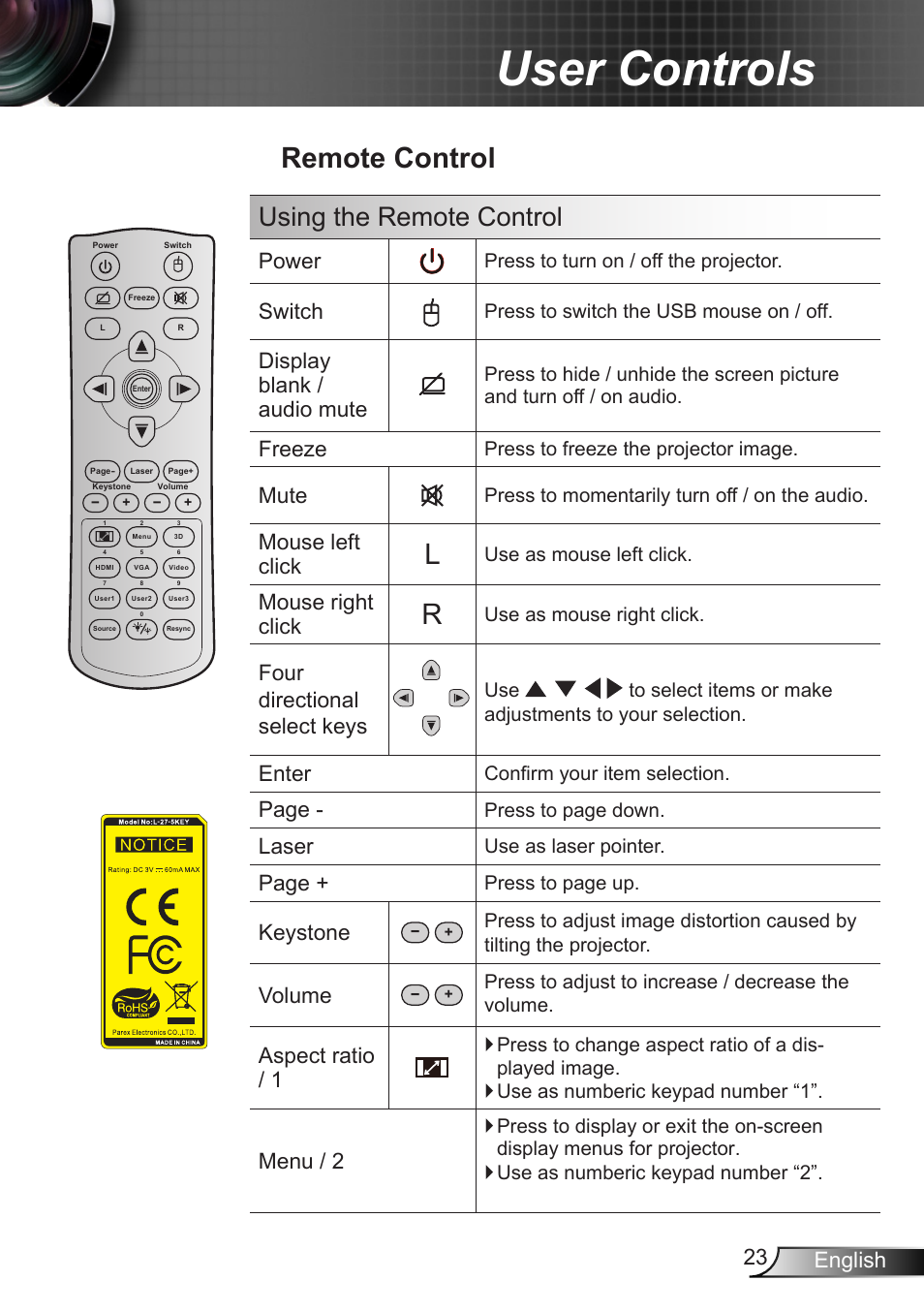 Remote control, User controls, Using the remote control | 23 english, Power, Switch, Display blank / audio mute, Freeze, Mute, Mouse left click | Optoma X402 User Manual | Page 23 / 79