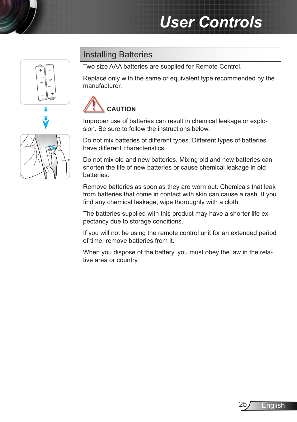 User controls, Installing batteries | Optoma X402 User Manual | Page 25 / 79