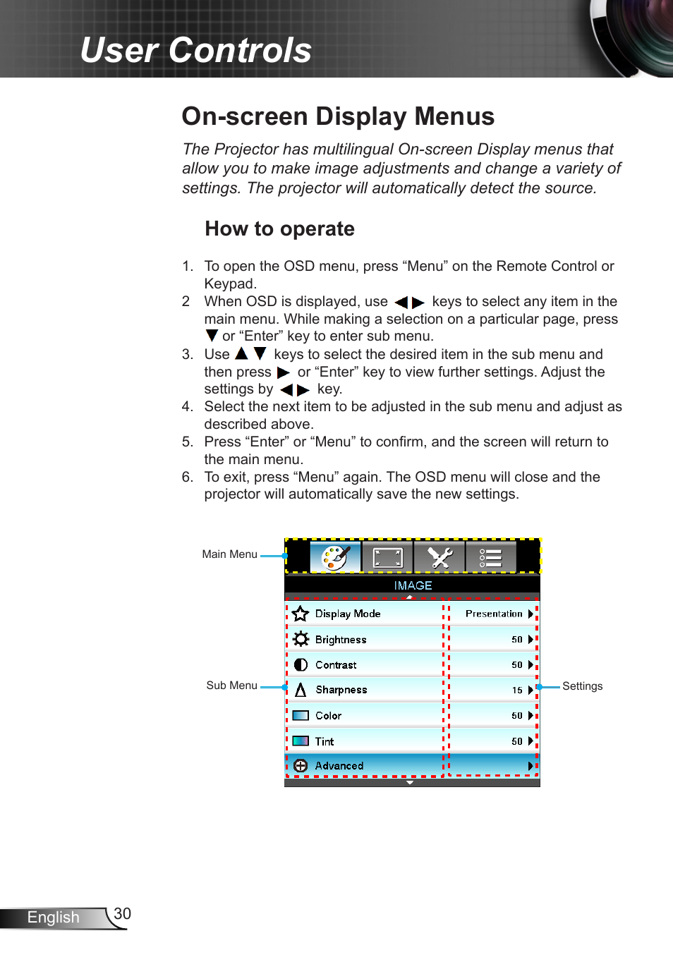 On-screen display menus, How to operate, User controls | Optoma X402 User Manual | Page 30 / 79