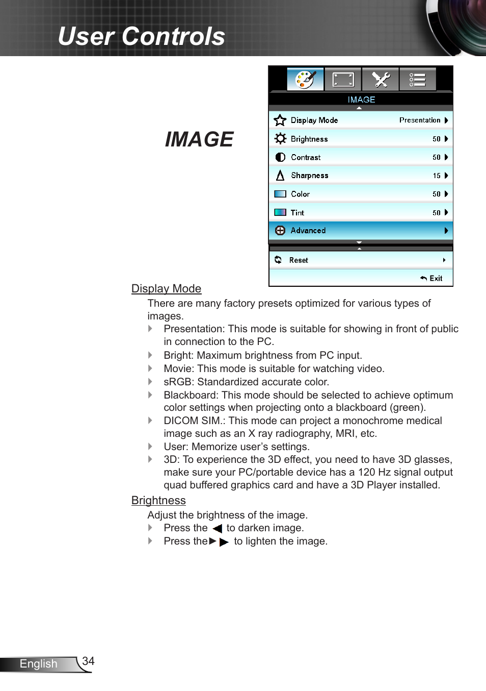 Image, User controls | Optoma X402 User Manual | Page 34 / 79