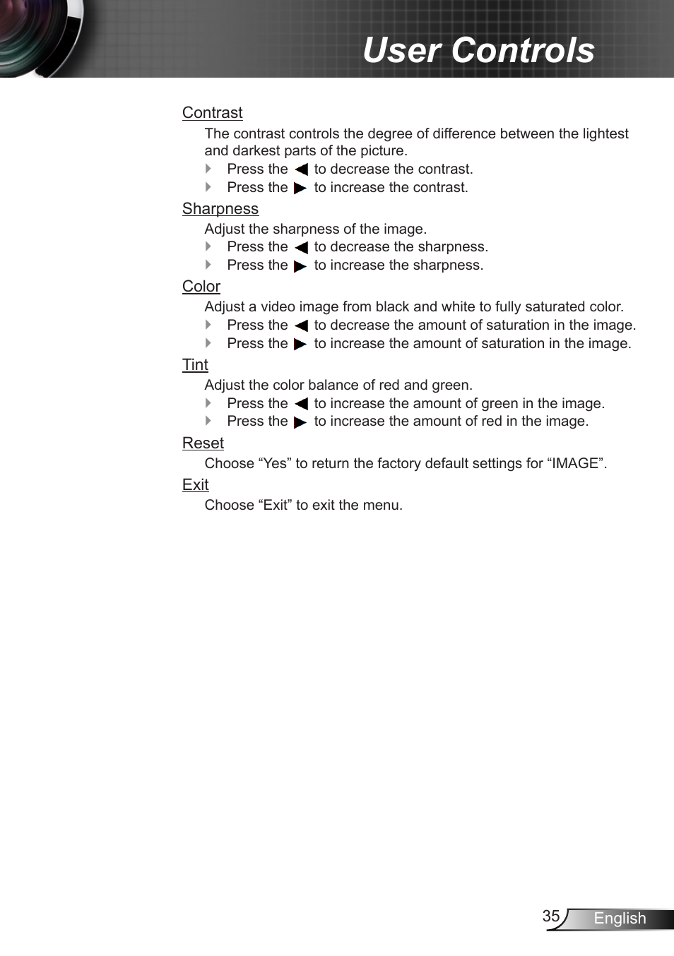 User controls | Optoma X402 User Manual | Page 35 / 79